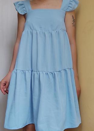 Блакитне плаття сарафан на бретелях ярусне плаття з рюшами3 фото