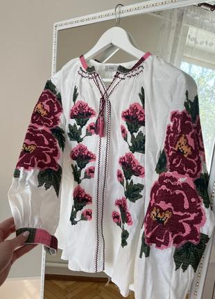 Вышитая рубашка, вышиванка, вышитая блузка с пионами, вышитая блуза с цветами, розовая вышиванка