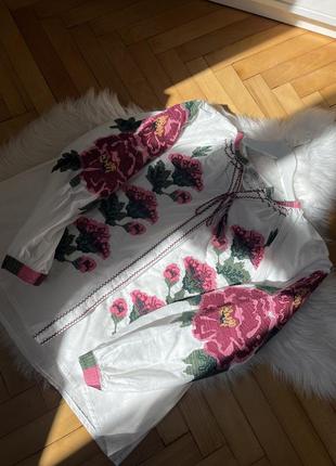 Вышитая рубашка, вышиванка, вышитая блузка с пионами, вышитая блуза с цветами, розовая вышиванка4 фото