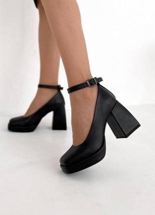 Классические кожаные туфли на каблуке с квадратным мысом черные туфельки с ремешком квадратный блочный каблук туфлы классика натуральная кожа bratz