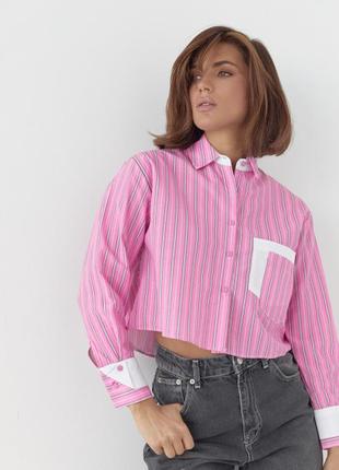 Женская яркая розовая укороченная рубашка в полоску с карманами хлопок