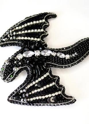 Ексклюзивна брошка ручної роботи дракон. брошка чорний дракон2 фото