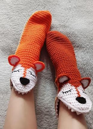 Вязаные носки лисички-сплюшки ручной работы3 фото