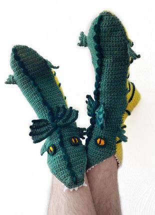 Вязаные зеленые носки драконы ручной работы2 фото