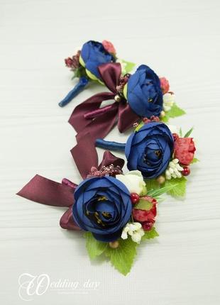 Бутоньєрки для свідків / сині бутоньєрки / квіти для весілля марсала / бордові квіти2 фото