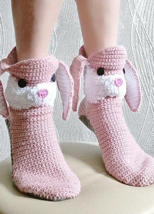 В'язані рожеві шкарпетки-кролики ручної роботи1 фото