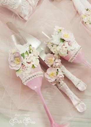 Нежно-розовый нож и лопатка для торта3 фото