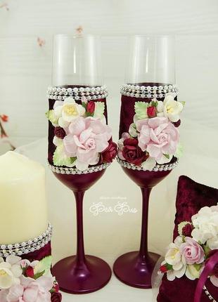 Свадебные бокалы и лопатка/нож для торта марсала / бокалы бордовые / нож и лопатка для торта розовые