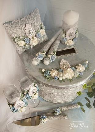 Свадебный набор серо-голубой с бархатом2 фото