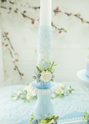 Весільні свічки біло-блакитні / сімейне вогнище блакитне3 фото