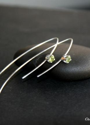 Срібні сережки з хризолітом, срібні сережки з зеленими каменями, подарунок1 фото