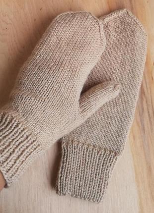 Варежки рукавички из полушерстяной пряжи бежевые теплые1 фото