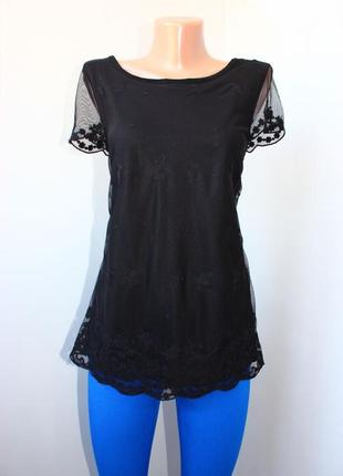 Блуза футболка черная базовая с сеткой - ажуром и вышивкой, 8/36 (3091)1 фото