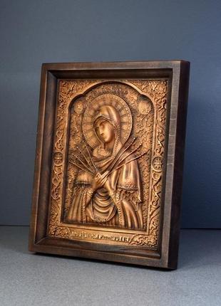 Икона богородиця семистрельная деревянная резная4 фото