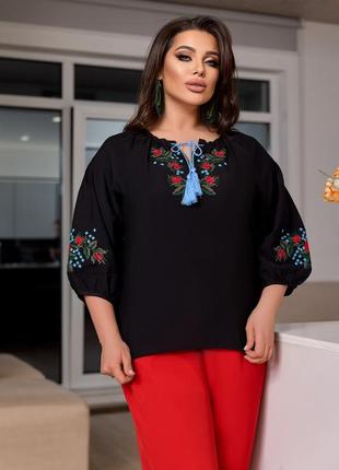 Колоритная блуза вышиванка, украинская вышиванка с розой, этатно рубашка батал с вышивкой