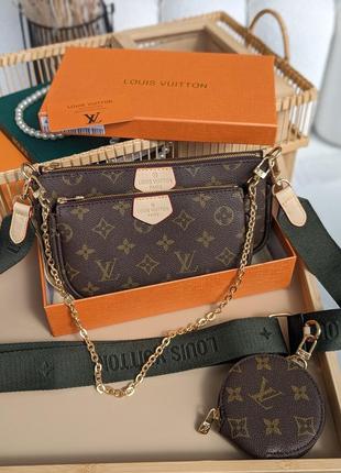 Сумка луи витон 3 в 1 louis vuitton multi pochette, клатч коричневый + зеленый  через плече луи витон  3 в 1