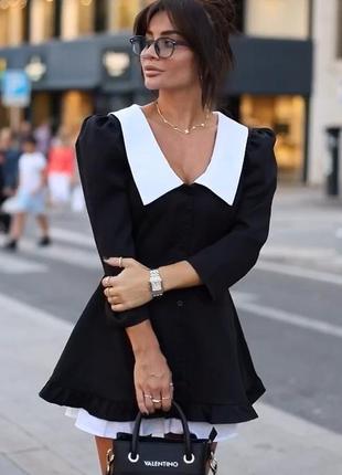 Платье - комбинезон, короткое платье мини, вечернее коктейльное, нарядное, черное с белым воротником2 фото