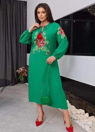 Колоритное платье миди с вышивкой, украинное платье вышиванка, этно платье батал с вышитой розой9 фото