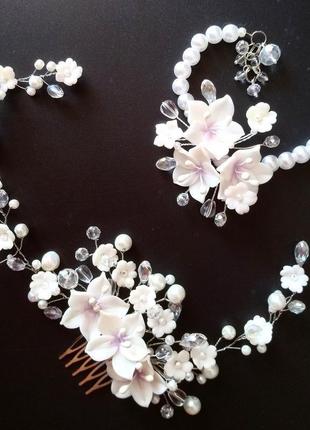 Білий весільний гребінь і браслет