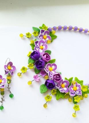 Кольє і сережки з бузковими квітами1 фото