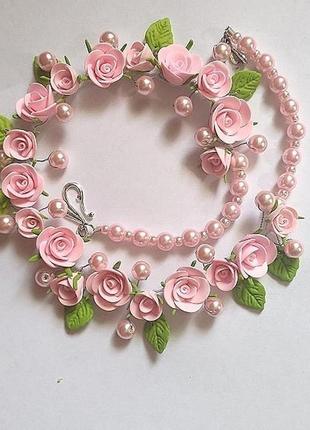 Кольє і сережки з рожевими трояндами5 фото
