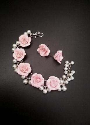 Браслет і сережки рожевими трояндами2 фото