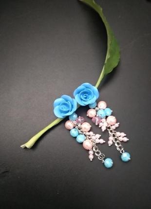 Голубой браслет и серьги с розами3 фото