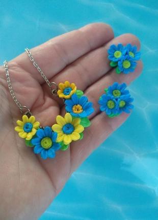Сережки і кулон з жовто блакитними квітами з полімерної глини1 фото