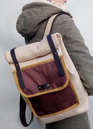 Рюкзак з брезенту натурального кольору, рюкзак рол топ2 фото