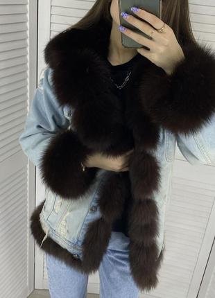 Джинсовая куртка с мехом финского песца песец джинсовка голубая коричневая