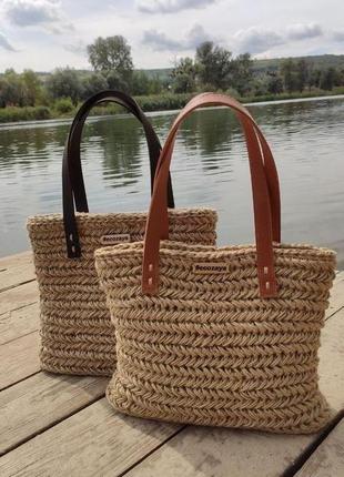 Вязанная сумка тоут из джута, джутовая сумка на лета, плетенная пляжная сумка2 фото
