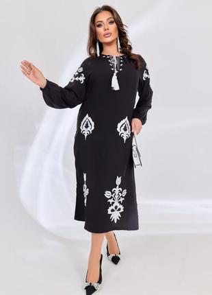 Колоритное платье миди с вышивкой, украинное платье вышиванка, этно платье с вышивкой1 фото