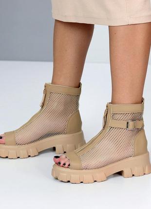 Трендовые женские босоножки, летние ботинки в сетку на тракторной подошве в темном беже, новинка 2025 фото