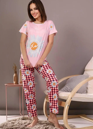 Піжама жіноча рожева футболка та штани п869