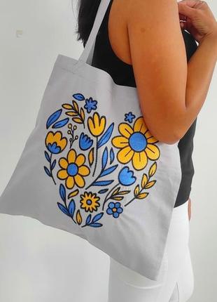 Сумка шоппер з вишивкою квіточки на на сірому льоні, еко сумка...