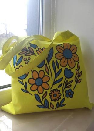 Сумка шоппер з вишивкою квіточки на жовтому льоні, еко сумка д...