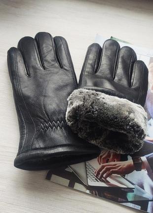 Чоловічі зимові шкіряні перчатки рукавиці  штучне хутро black1 фото