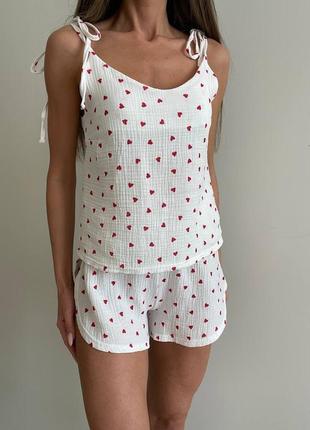 Женская летняя белая муслиновая пижама в сердечко майка и шортики шорты муслин лето хлопок4 фото