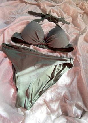 Распродажа! базовый женский купальник раздельный, верх на завязках, оливкового цвета