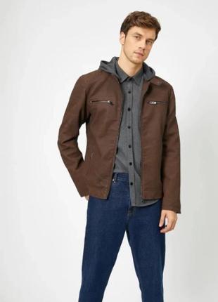 Куртка демісезонна з екошкіри зі знімним капюшоном koton коричнева4 фото