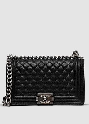 Жіноча сумка в стилі chanel medium boy black/silver caviar rhw premium.1 фото