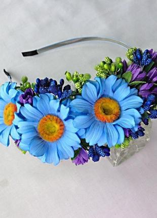Обруч для волос с цветами  "голубые ромашки"1 фото
