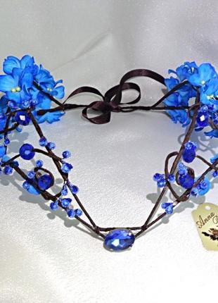 Діадема з блакитними квітами  для волосся "лісова фея"2 фото