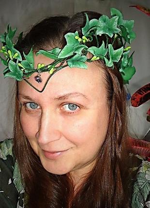 Діадема з листям зеленого плюща ручної роботи для волосся "лісова фея"5 фото