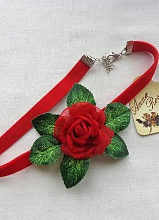 Чекер красный бархатный с цветком на шею "кармен"3 фото