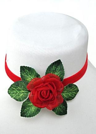 Чекер красный бархатный с цветком на шею "кармен"1 фото