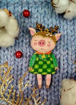 Магнит новогодний на холодильник свинка олень новый год 2019