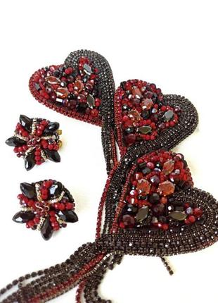 Набір прикрас україна, брошка серце і сережки бордово-чорного кольору, ручна робота2 фото
