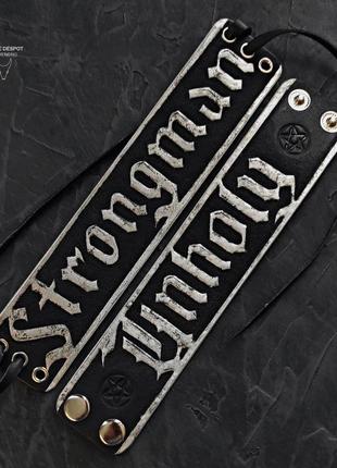 Шкіряний браслет "goth" з тисненням unholy | готичний широкий браслет з пентаграмами9 фото