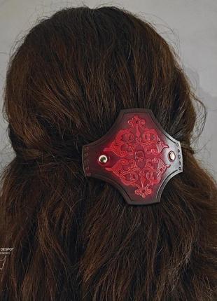 Заколка з натуральної шкіри з тисненням "gothic barrette"8 фото